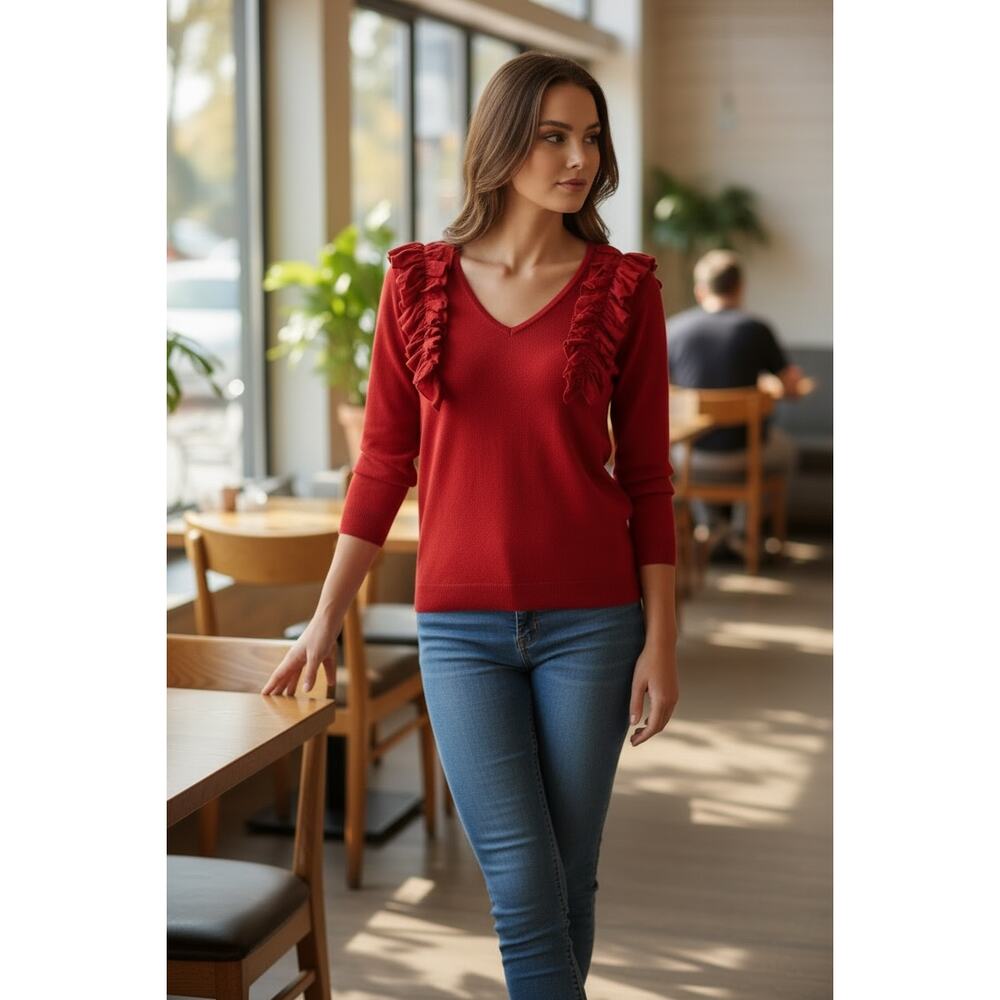INC International Concepts Red Ruffle Shoulder V-Neck Sweater Top Size M/L - Picture 2 of 6